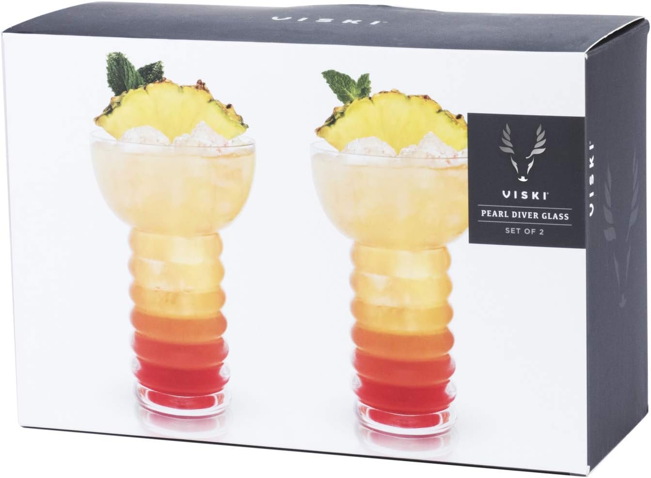 Viski Pacific Crystal Pearl Diver Tropical Tiki Tumbler Set of 2 - Premium Crystal Clear Glass, Stylish Tiki Glasses for Cocktails Gift Set, 12 oz