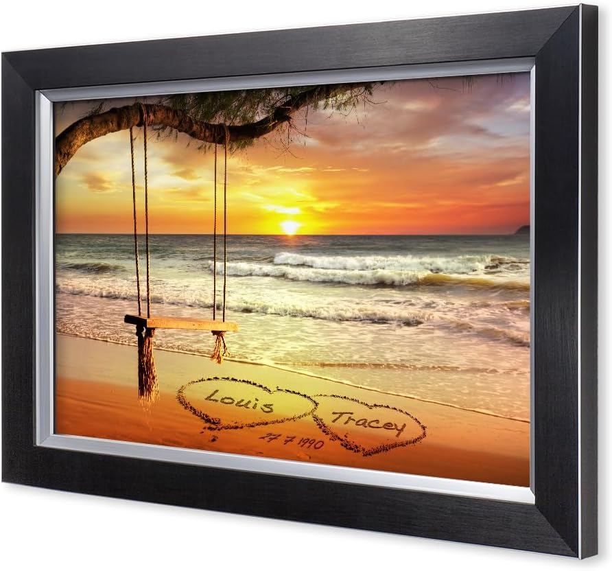 IPIC - "Eternal Love Personalized Framed Wall Art, Custom Beach Sunset Scene with Names and Date in Sand, A Personalized Gift for Couple, Wedding, or Anniversary, Coastal Home Decor