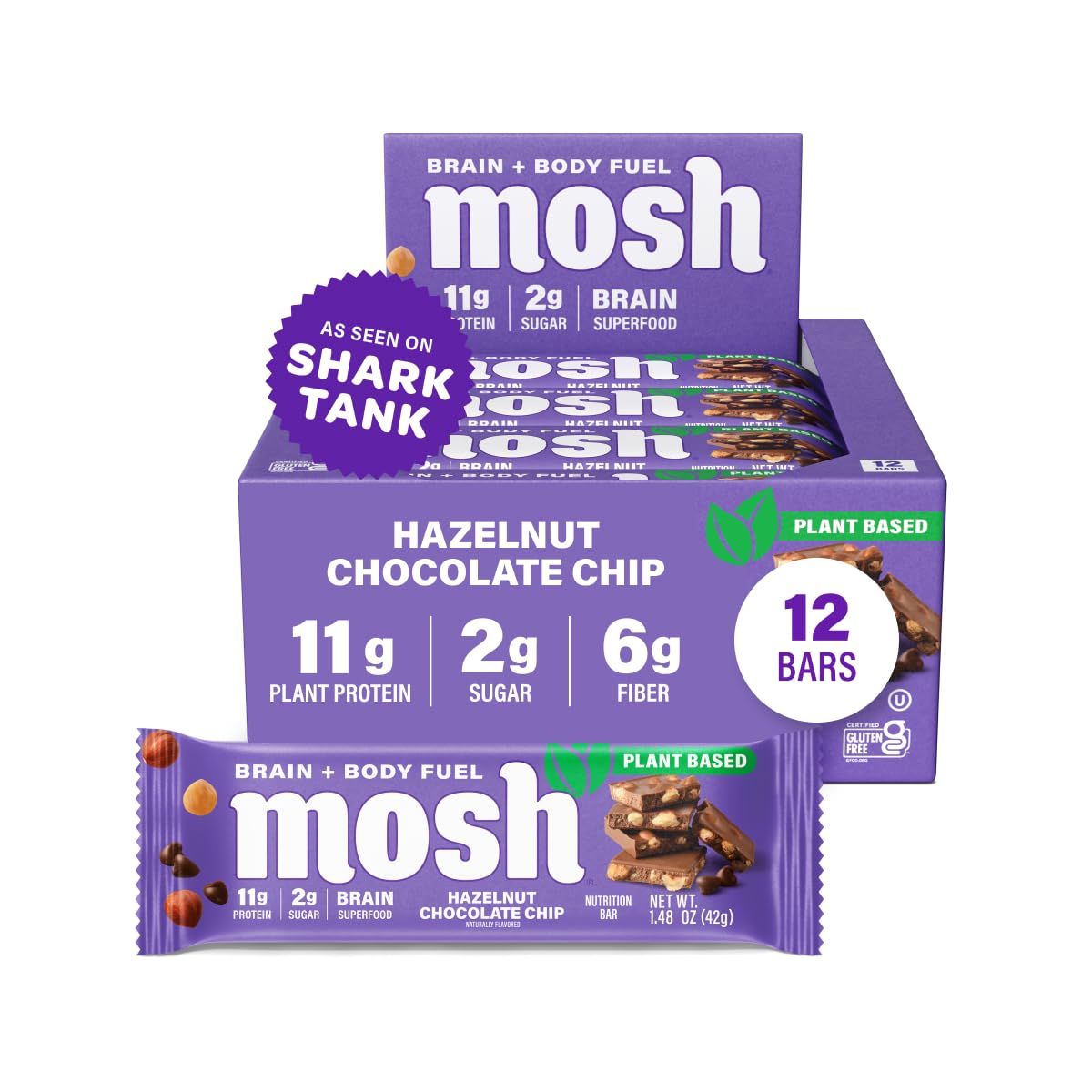 MOSH Hazelnut Chocolate Chip Vegan Protein Bars, Plant Based, Keto, Gluten Free, Brain Healthy Snack with Cognizin, Ashwagandha and Lion's Mane, 12 Count