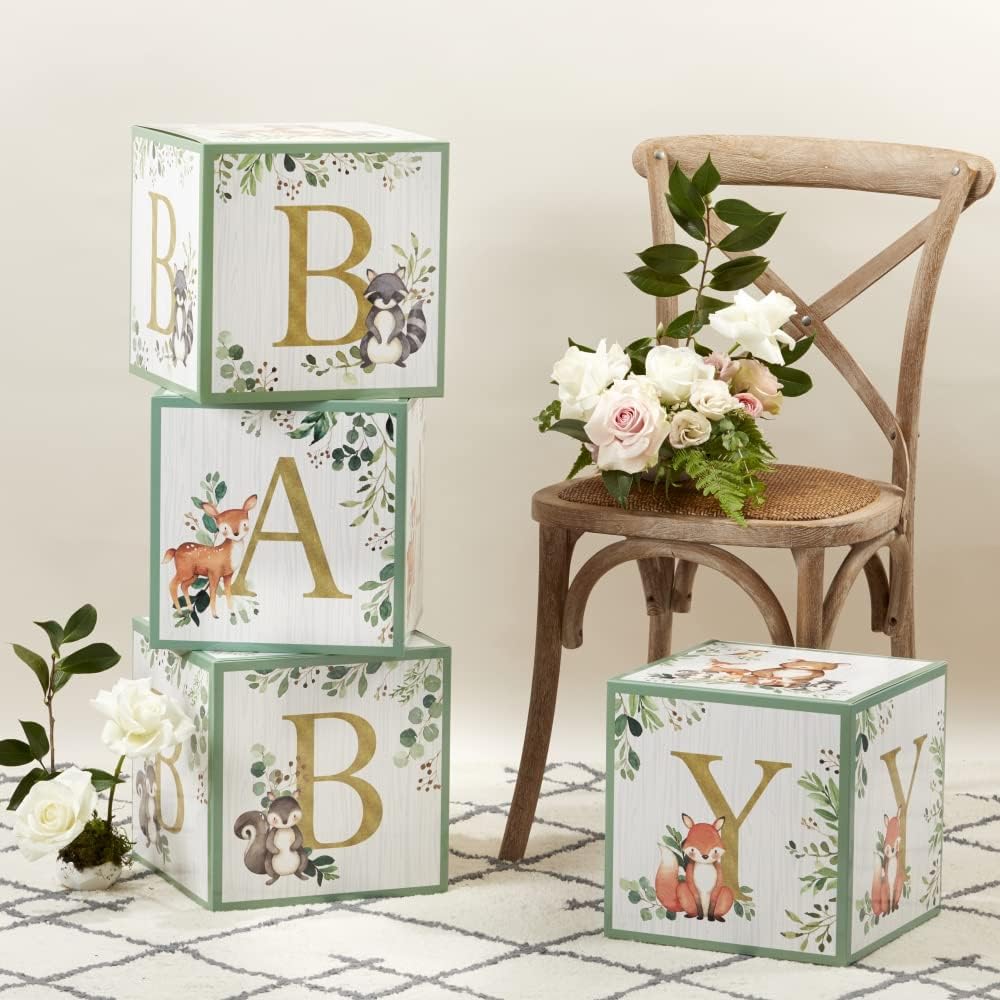 Kate Aspen Woodland Baby Boxes With Letters For Baby Shower Decorations, Gender Reveal Decoration, Photo Prop & Forest Animal Nursery Decor (Set of 4 Stackable Blocks Spells B-A-B-Y)