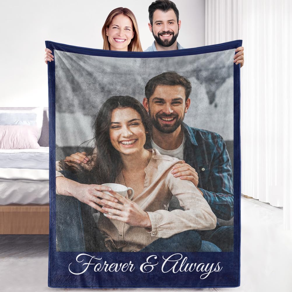 Sherpa Fleece Custom Photo Blanket - Soft, Warm, Fuzzy - Personalized Couples Gifts for Boyfriend, Girlfriend - Customized Picture Blanket for Birthday, Christmas