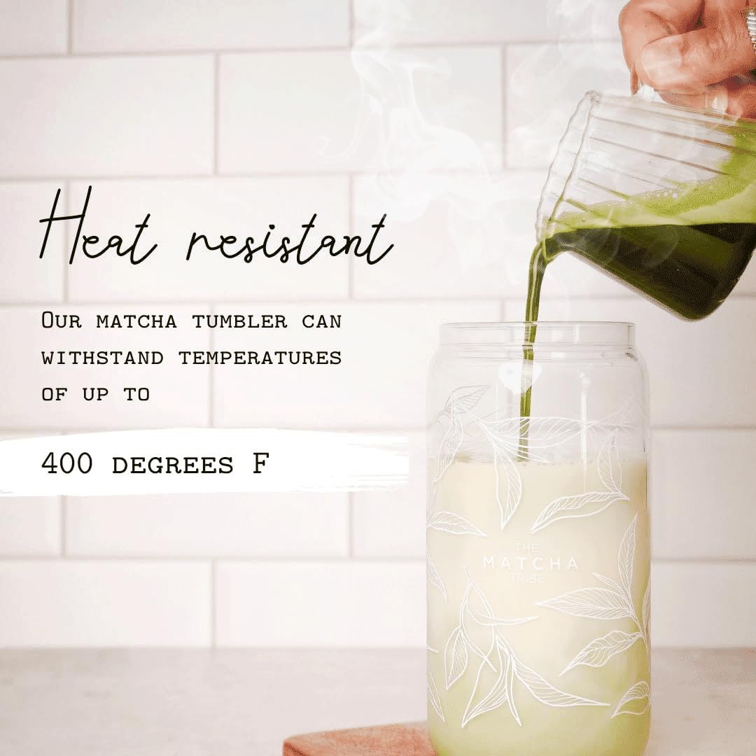 Tumbler With Straw and Lid. Borosilicate Glass - BPA Free Reusable Heat Resistant 16oz Can Shaped Drinking Glass. Great Matcha Cup Gift for Matcha Lovers.