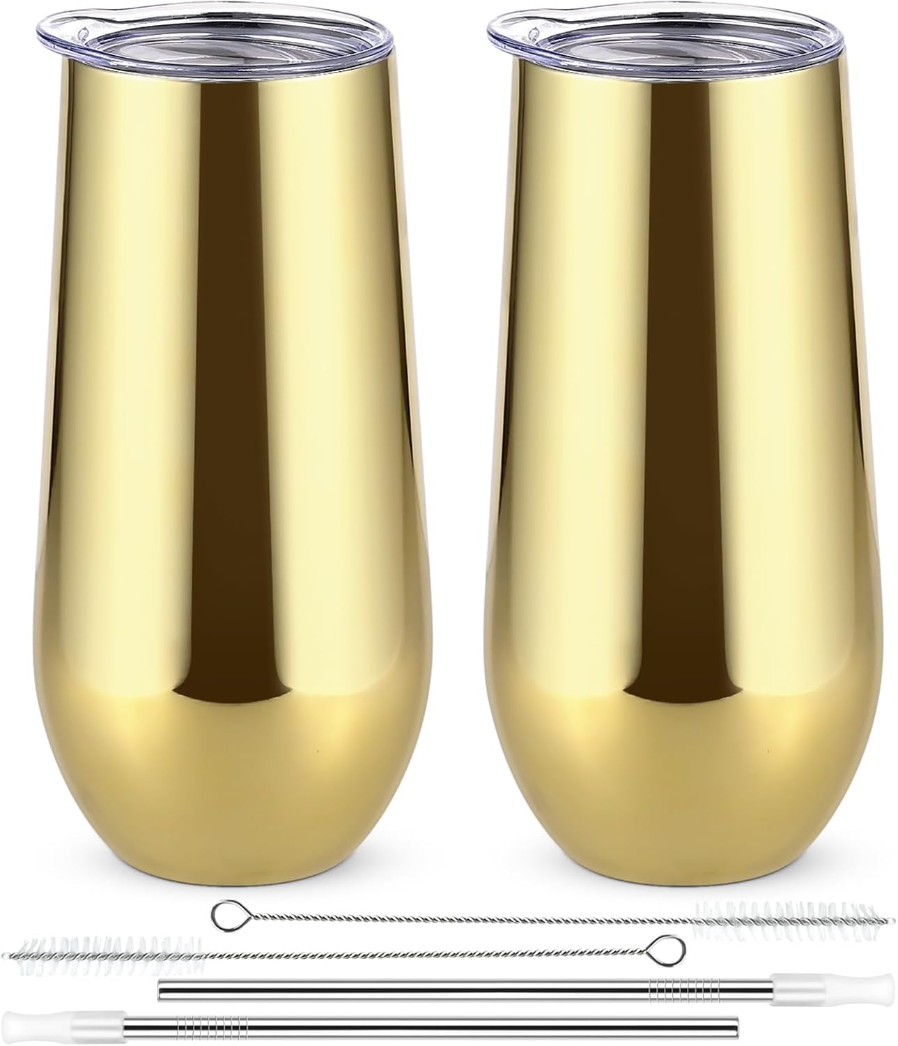 Lifecapido 2 Pack Insulated Stainless Steel Tumblers, 12 oz Stemless Flutes, Insulated Champagne Glass for Party Wedding Christmas Birthday, Gold Plating