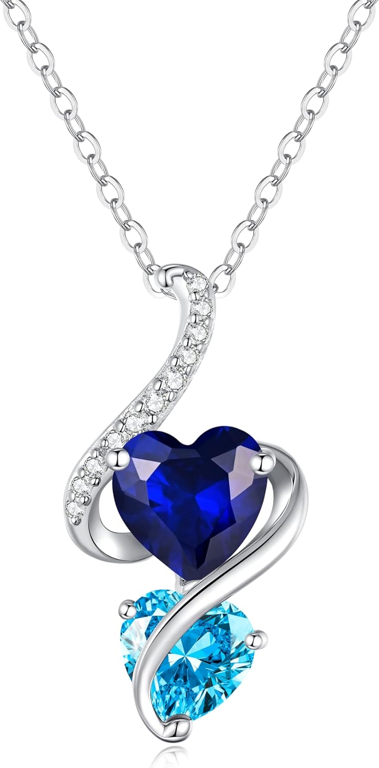 LOUISA SECRET Unique Double Heart Necklace Gifts for Wife Women, 925 Sterling Silver Tiny Birthstone Pendant Jewelry Gift for Her Girlfriend Mom Valentine's Day Anniversary Mother's Day Birthdays & Christmas