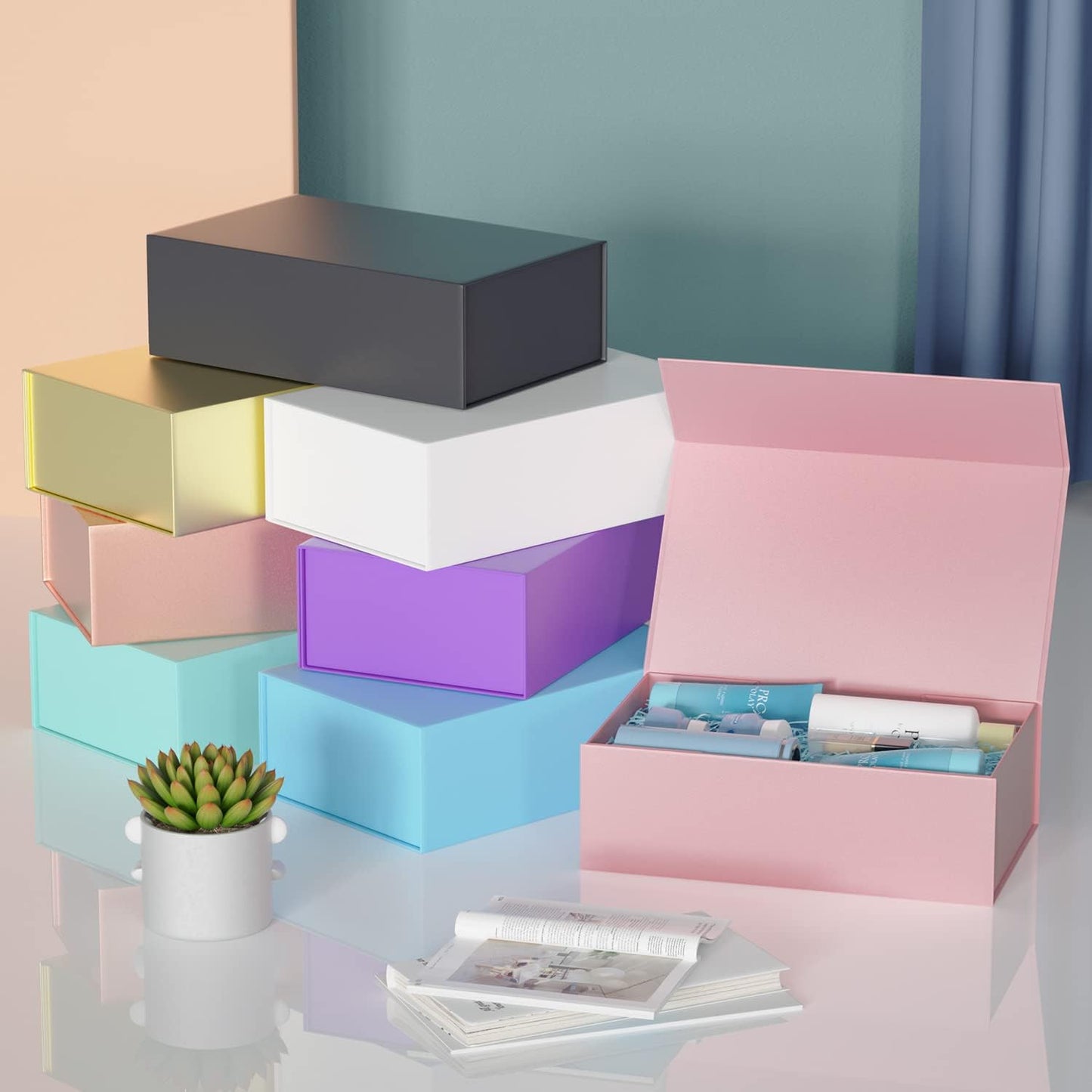 5 Pack Pink Gift Box, 12x6x4'' Gift box for Presents with Lids Magnetic Closure Rectangle Collapsible for Bridesmaid Proposal Box, Wedding, Christmas, Halloween, Birthday Gift Packging