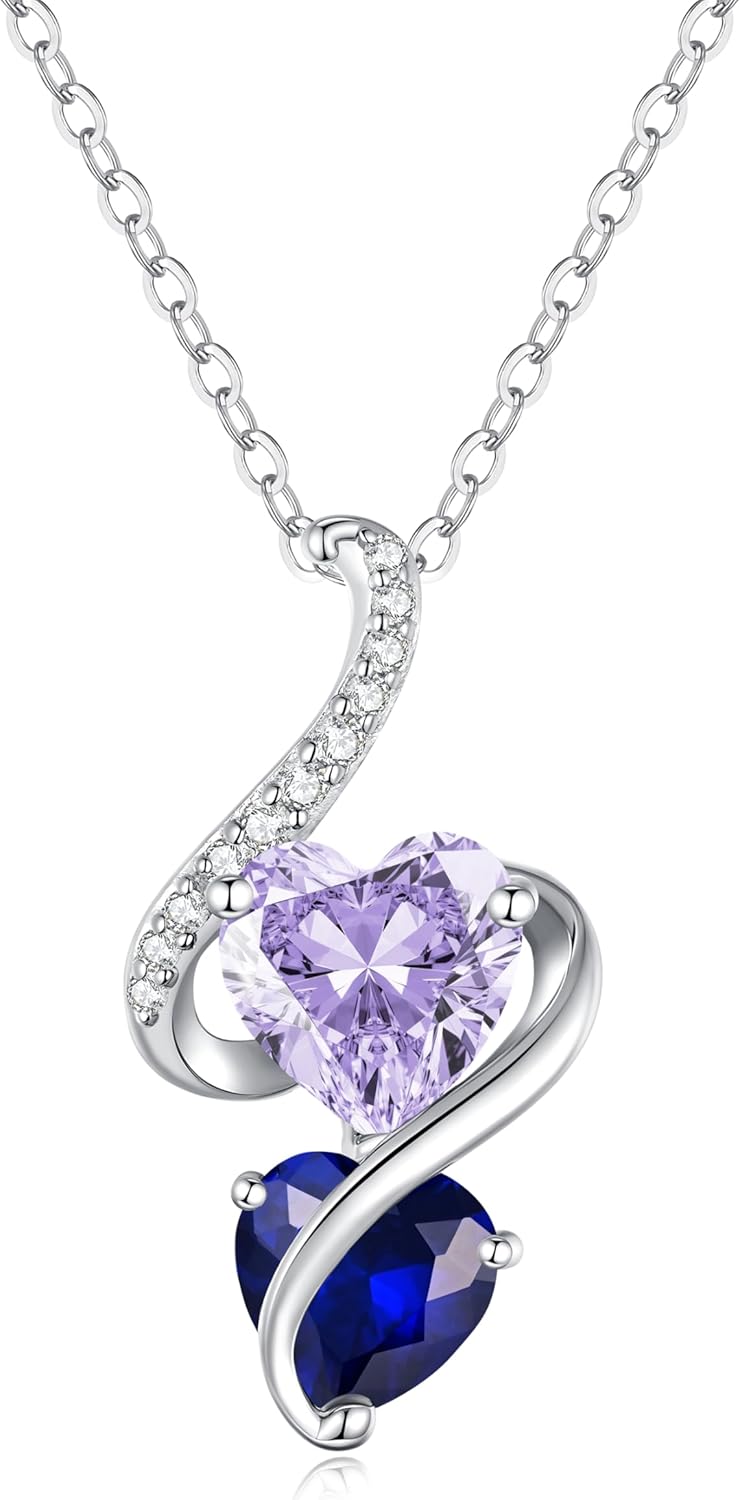 LOUISA SECRET Unique Double Heart Necklace Gifts for Wife Women, 925 Sterling Silver Tiny Birthstone Pendant Jewelry Gift for Her Girlfriend Mom Valentine's Day Anniversary Mother's Day Birthdays & Christmas