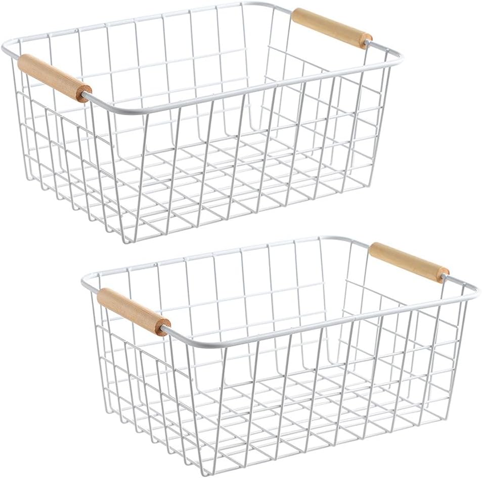 LeleCAT white wire baskets for organizing with Wooden Handles Storage Organizer Baskets, Household snack basket for Cabinets, Pantry, Closets, Bedrooms, pantry organizers and storage - Set of 2(White)