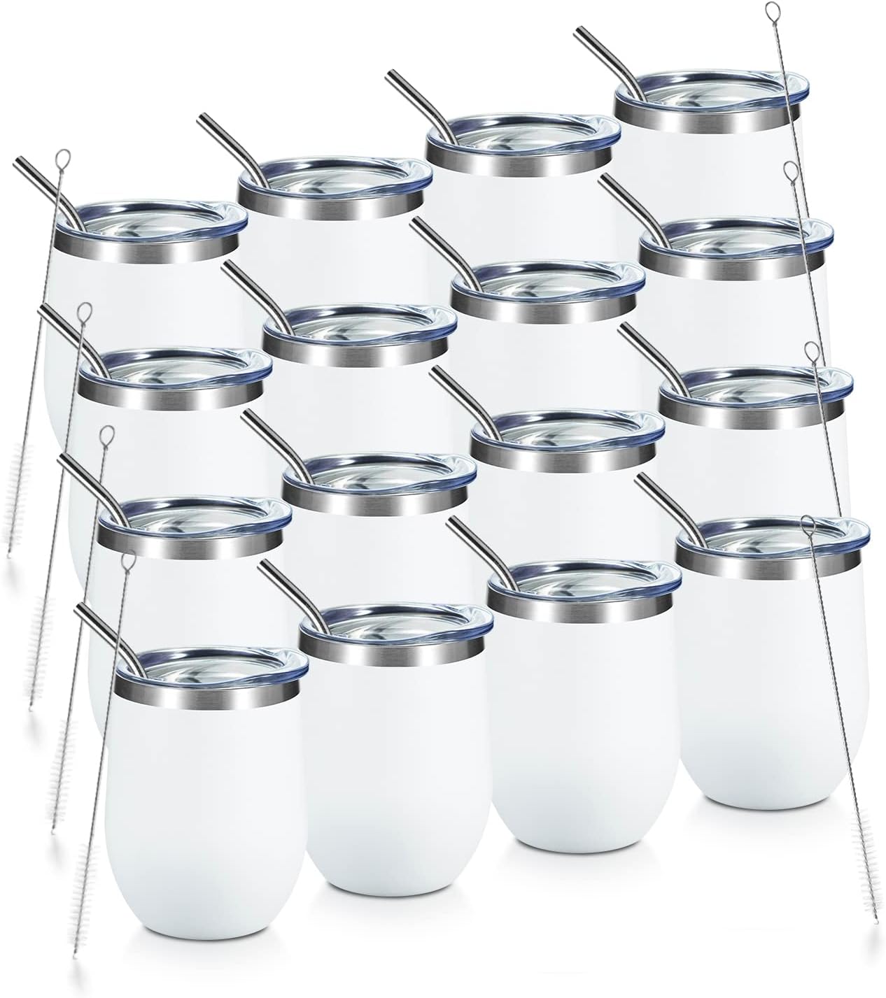 COMOOO 12oz Wine Tumbler with Lid and Straw, Stainless Steel Stemlss Wine Glass, Double Wall Vacuum Insulated Wine Tumbler Cup for Wine, Cocktails, Champaign, White, 16 Pack