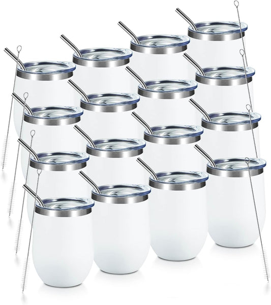 COMOOO 12oz Wine Tumbler with Lid and Straw, Stainless Steel Stemlss Wine Glass, Double Wall Vacuum Insulated Wine Tumbler Cup for Wine, Cocktails, Champaign, White, 16 Pack