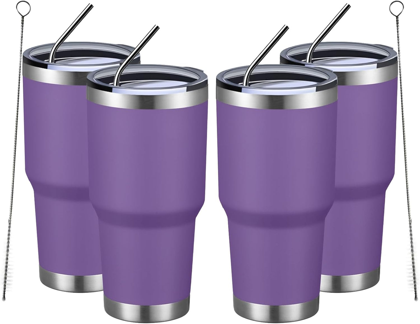 MEWAY 30oz Insulated Tumbler With Lids and Straws,Stainless Steel Double Vacuum Coffee Tumbler Cup, Brush, Durable Powder Coated Coffee Cup for Cold & Hot Drinks, Office, Travel(Purple,4 PACK)