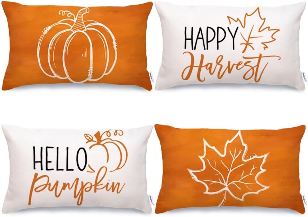 GEEORY Fall Pumpkin Maple Leaves Pillow Covers 12 x 20 Set of 4, Happy Harvest Cushion Case Autumn Decorative Throw Pillows Farmhouse Thanksgiving Decorations for Sofa