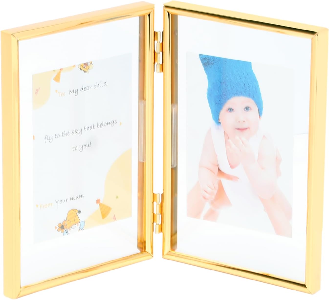 Folding Double Frame, Gold Floating Picture Frame with Hinge, For 4"×6" 3"×5" 2"×4", Vertical, Real Glass, Tabletop Use, Classy For Children's Day, Wedding, Birthday