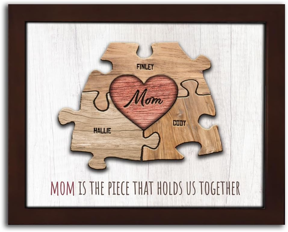 Personal-Prints MOM & Children Personalized HEART Puzzle Wall Art | Unique Customized with up to 8 Names | Mother’s Day, Birthday or Christmas Gift (13"x16" Framed Paper Print, 3 Children)