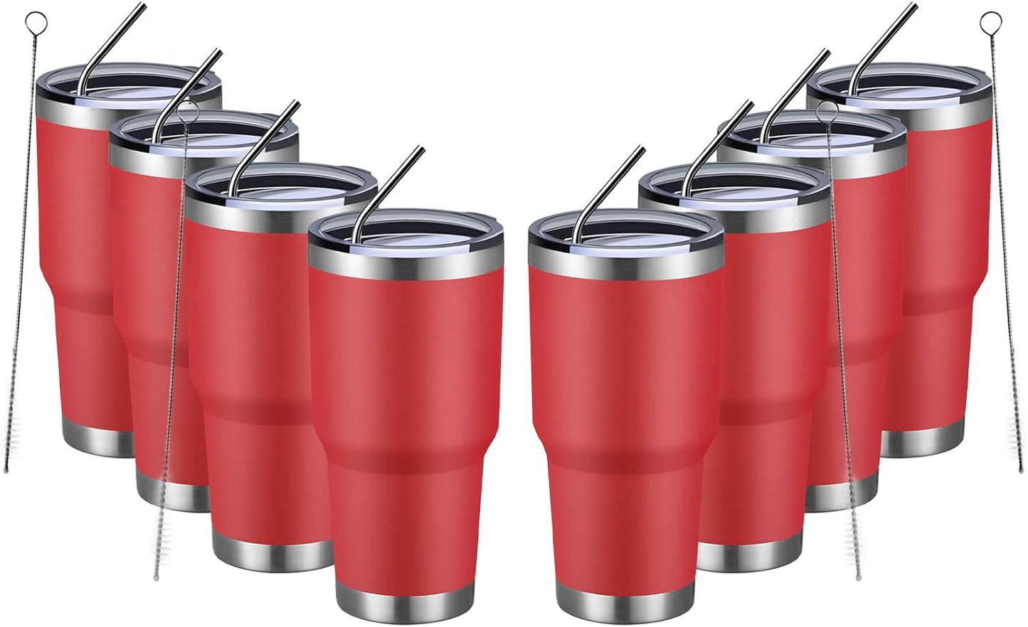 MEWAY 30oz Insulated Tumbler With Lids and Straws,Stainless Steel Double Vacuum Coffee Tumbler Cup, Brush, Durable Powder Coated Coffee Cup for Cold & Hot Drinks, Office, Travel(Coral red,8 PACK)