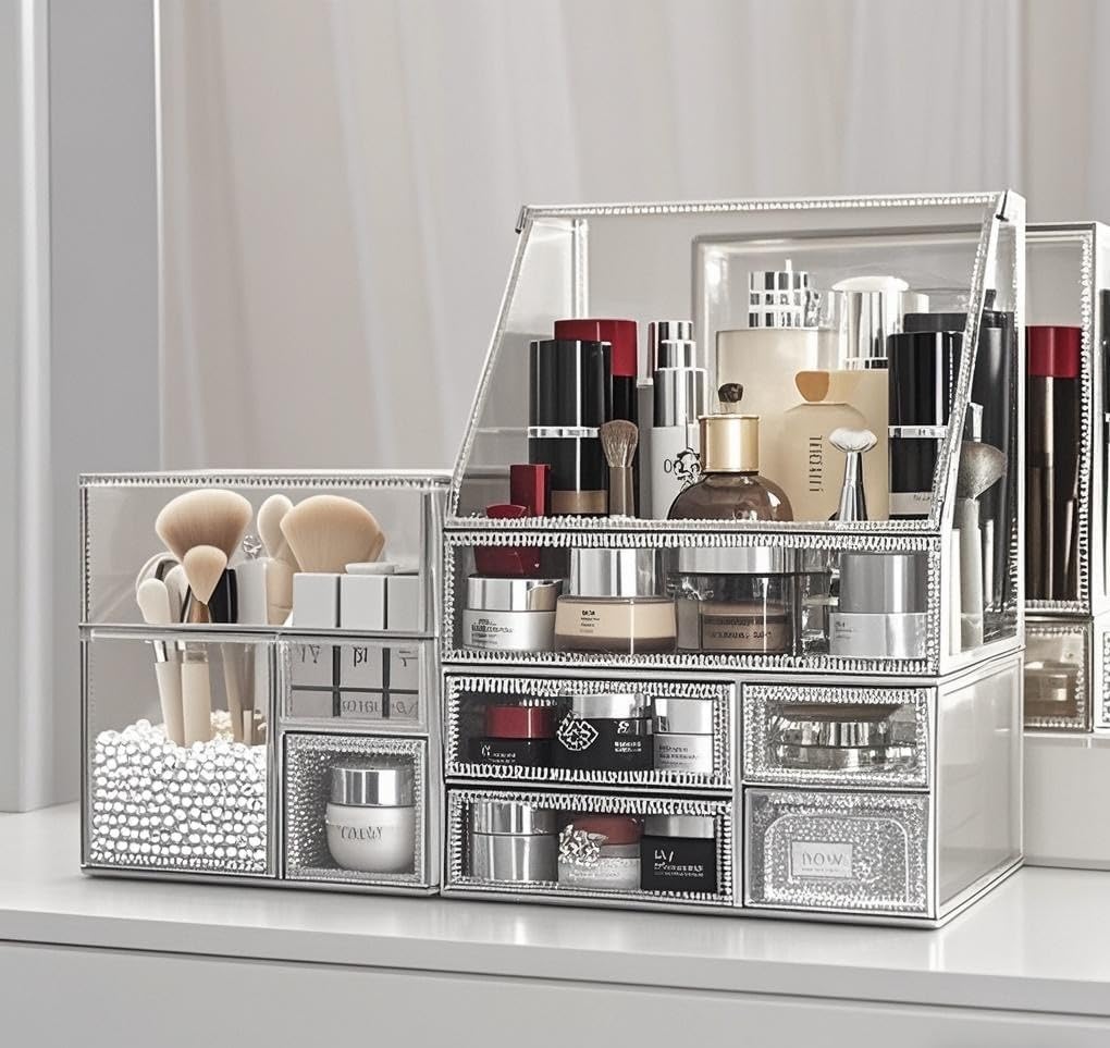 Glass Makeup Organizer for Vanity/Stackable 2Pieces Drawer Set/Antique Countertop Vanity Cosmetic Storage Box Mirror Glass Beauty Display, Holder for Brushes Lipsticks Skincare Toner (Silver)