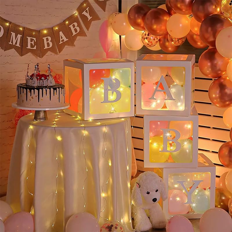 Ledido Baby Boxes with Letters for Baby Shower Decorations, 4 Pcs Transparent Balloon Boxes Blocks with Fairy String Lights, Clear Balloon Boxes for Boy Girl Gender Reveal Party Backdrop (White)