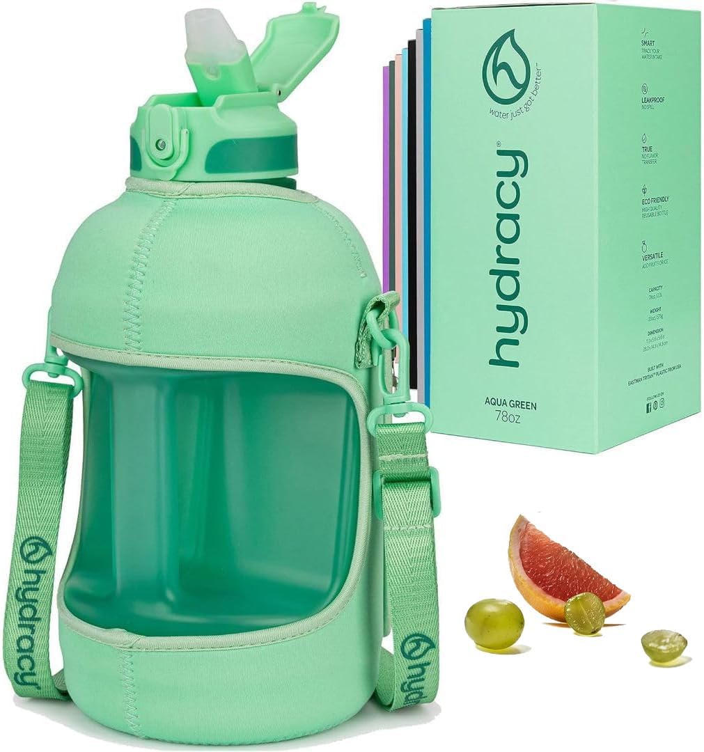 Hydracy Water Bottle with Time Marker -Large BPA Free Water Bottle & No Sweat Sleeve -Leak Proof Gym Bottle with Fruit Infuser Strainer & Times to Drink -Ideal for Fitness Sports & Outdoors