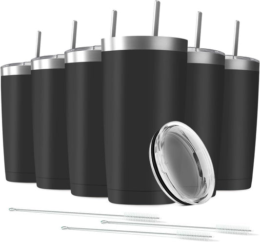 6 Pack 20 oz Stainless Steel Insulated Tumbler with Straw and Lid, Double Wall Travel Coffee Mug Vacuum Insulated Bulk Tumbler Set of 6, Suitable for Vehicle Cup Holders
