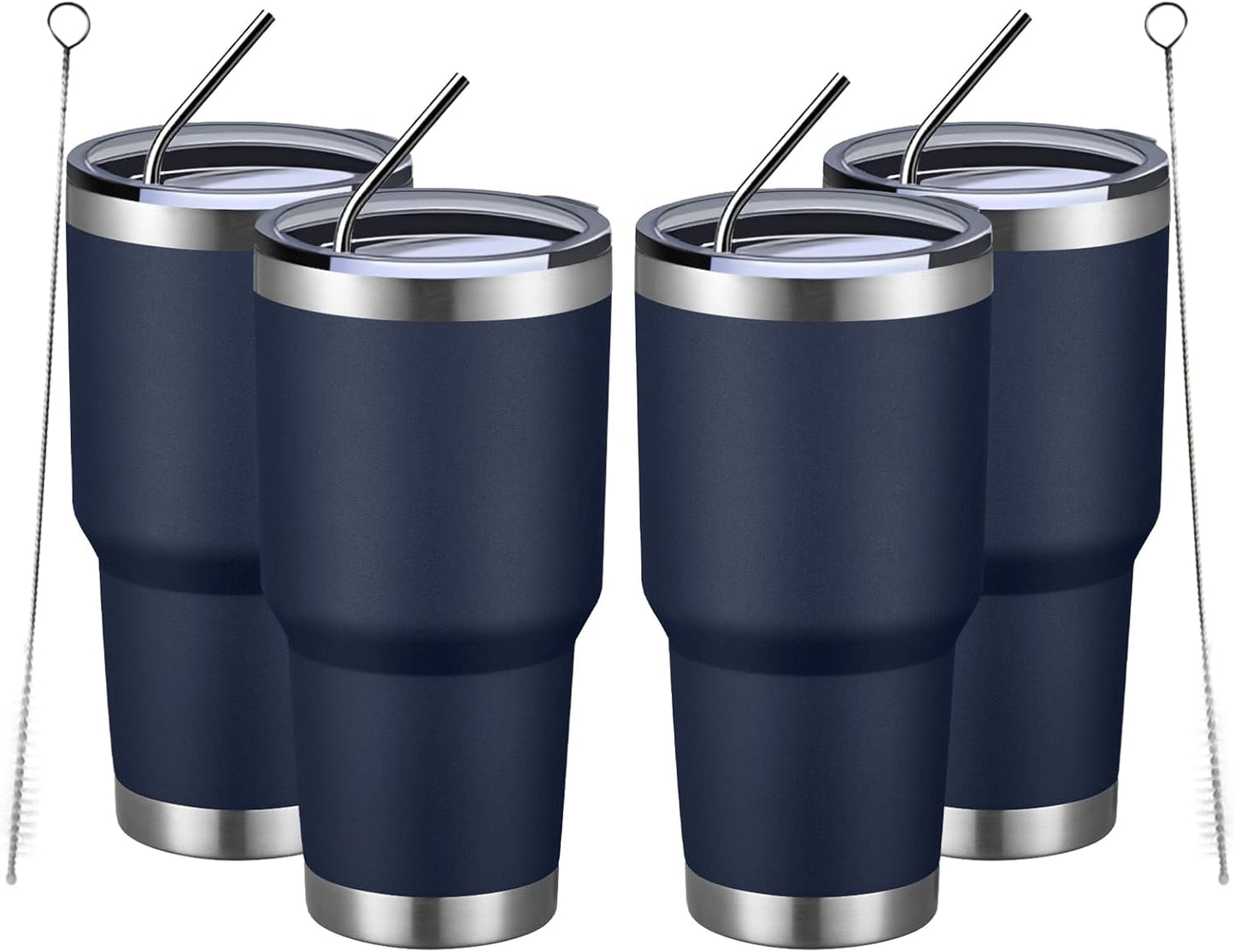 MEWAY 30oz Insulated Tumbler With Lids and Straws,Stainless Steel Double Vacuum Coffee Tumbler Cup, Brush, Durable Powder Coated Coffee Cup for Cold & Hot Drinks, Office, Travel(Navy,4 PACK)