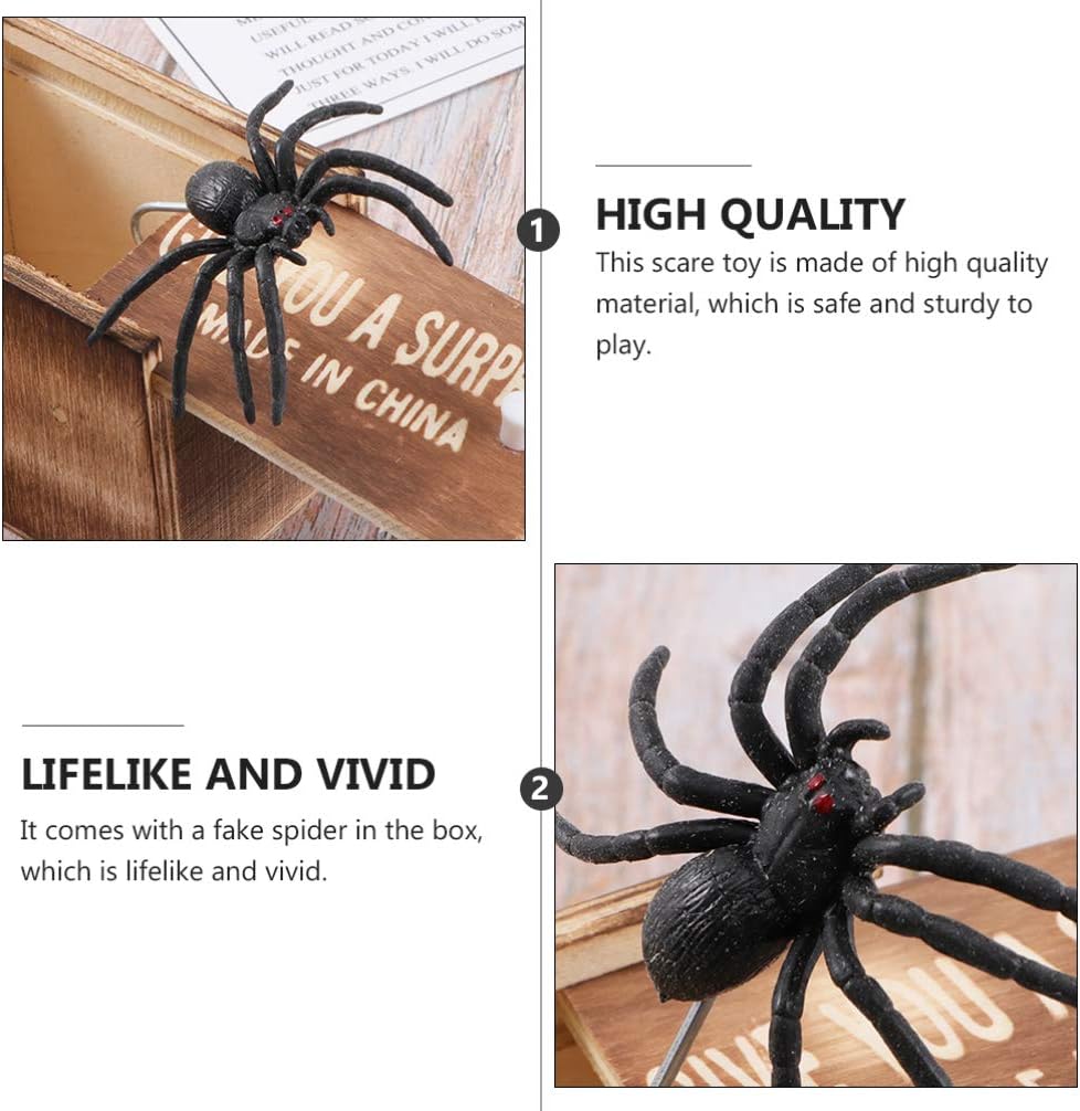 NUOBESTY Spider Prank Toy Box Tricky Spider Box Fake Spider in a Box Funny Wooden Box Toy April Fool Halloween Joke Toys Scare Shocker Surprise Spider Model 2pcs