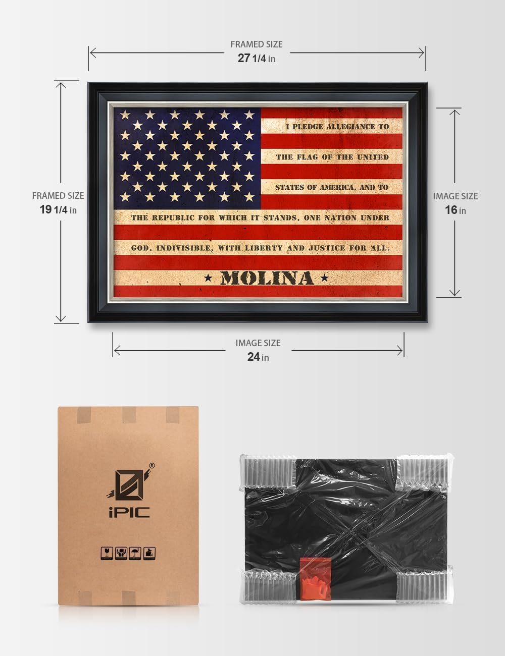 IPIC - American Flag Personalized Framed Wall Art with Names and Date on, Giclee Print with Solid Wood, Custom Gifts for Wedding Anniversary. Total Framed Size: 27.25" W x 19.25" H