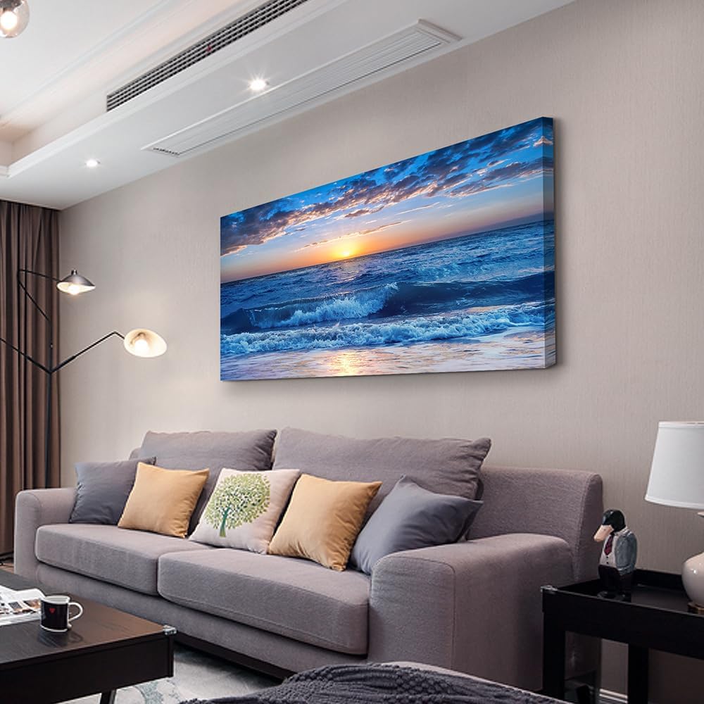 Wapluam Large Canvas Wall Art For Office Farmhouse Living Room Ocean Beach Wall Paintings Blue Sea View Wave Wall Pictures Framed Prints Artwork Modern Bedroom Home Decor 30"X 60"