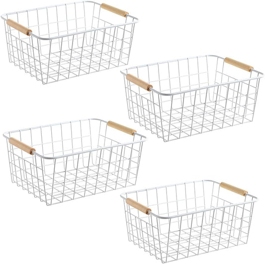 LeleCAT White Wire Baskets for Organizing with Handles,Pantry Organizers and Storage For Kitchen, Household Snack Basket for Cabinets, Closets, Bedrooms,food - Set of 4(White)