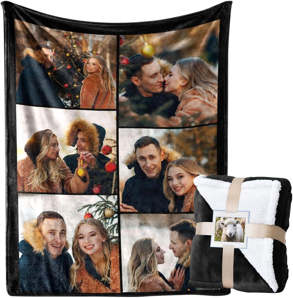 Custom Blanket with Picture Personalized Sherpa Fleece Throw Blanket - Thick and Warm Fuzzy Plush Blanket - Customized Valentines Day Gifts for Couple Girlfriend Boyfriend