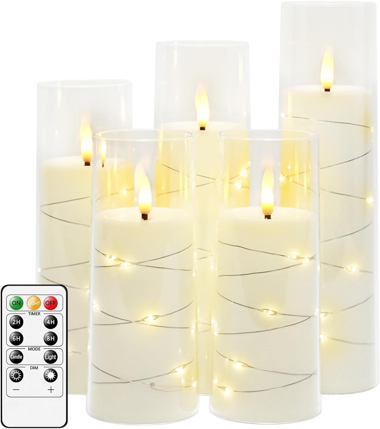 Flameless LED Candles with Timer 5 Pc Flickering Flameless Candles for Romantic Ambiance and Home Decoration Stable Acrylic Shell,with Embedded Star String,Battery Operated Candles(White)