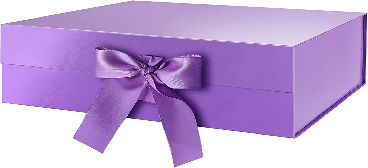 GREEN BEAN Large Gift Box with Lid for Presents 13x9.7x3.4 Inches, Purple Magnetic Gift Box with Ribbon, Bridesmaid Proposal Box (Glossy Purple)
