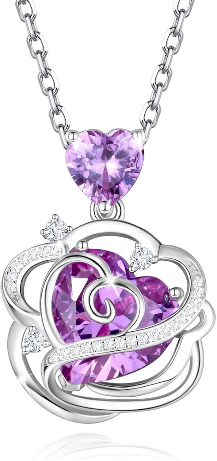 FANCIME Thornless Pulse Birthstone Necklace for Women Sterling Silver Rose Pendant Fine Jewelry Gemstone Birthday Christmas Gifts for Wife Her
