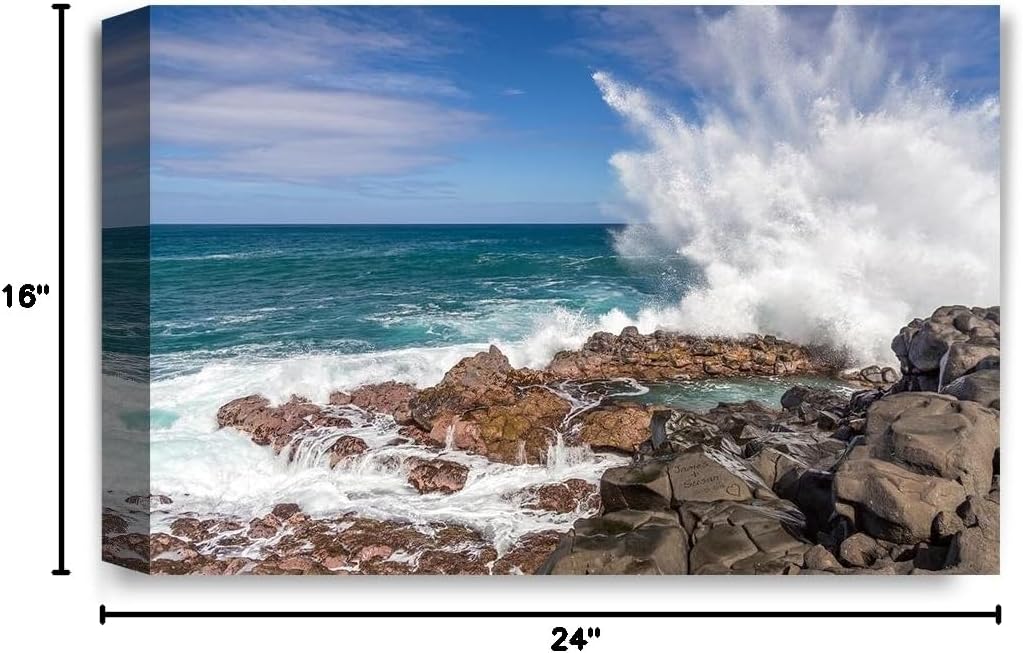 IPIC - Waves Crashing at Queen's Bath, Kauai, Hawaii. Personalized Artwork with Names and Date on, Customized Gift for Anniversary,Wedding,Birthday and Holidays. 24x16