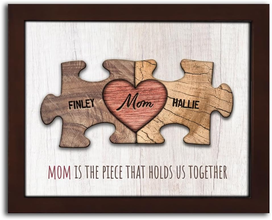 Personal-Prints MOM & Children Personalized HEART Puzzle Wall Art | Unique Customized with up to 8 Names | Mother’s Day, Birthday or Christmas Gift (13"x16" Framed Paper Print, 2 Children)