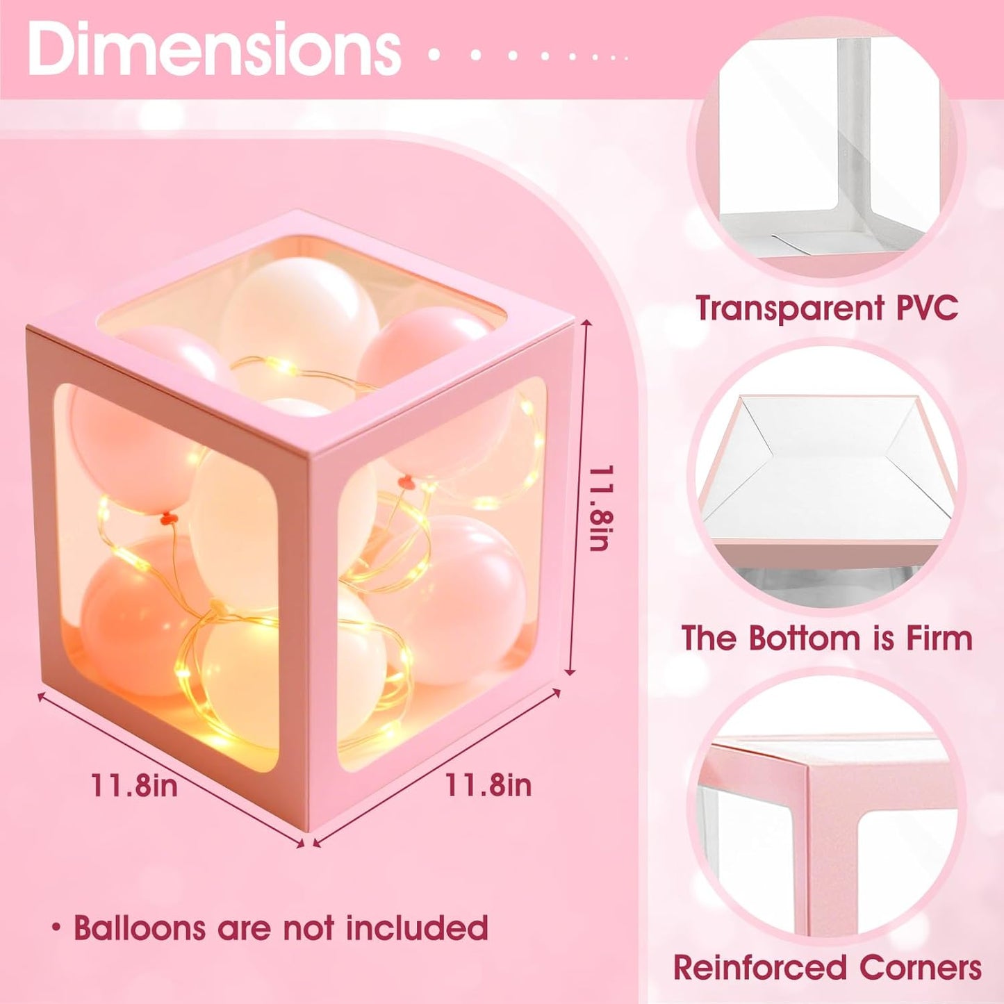 Ledido Baby Boxes with Letters for Baby Shower Decoration, 4 pcs Clear Baby Balloon Boxes Blocks with LED Fairy String Lights 38 Balloons for Boy Girl Gender Reveal Birthday Party (Pink)