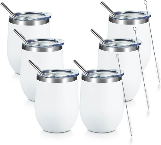 COMOOO 12oz Wine Tumbler with Lid and Straw, Stainless Steel Stemlss Wine Glass, Double Wall Vacuum Insulated Wine Tumbler Cup for Wine, Cocktails, Champaign,Travel,Office,White, 6 Pack