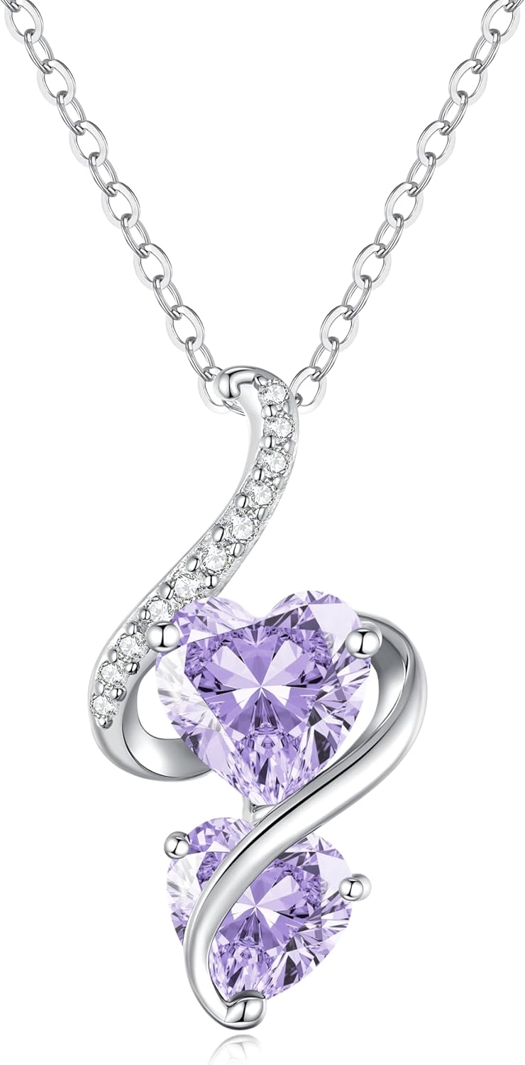 LOUISA SECRET Unique Double Heart Necklace Gifts for Wife Women, 925 Sterling Silver Tiny Birthstone Pendant Jewelry Gift for Her Girlfriend Mom Valentine's Day Anniversary Mother's Day Birthdays & Christmas