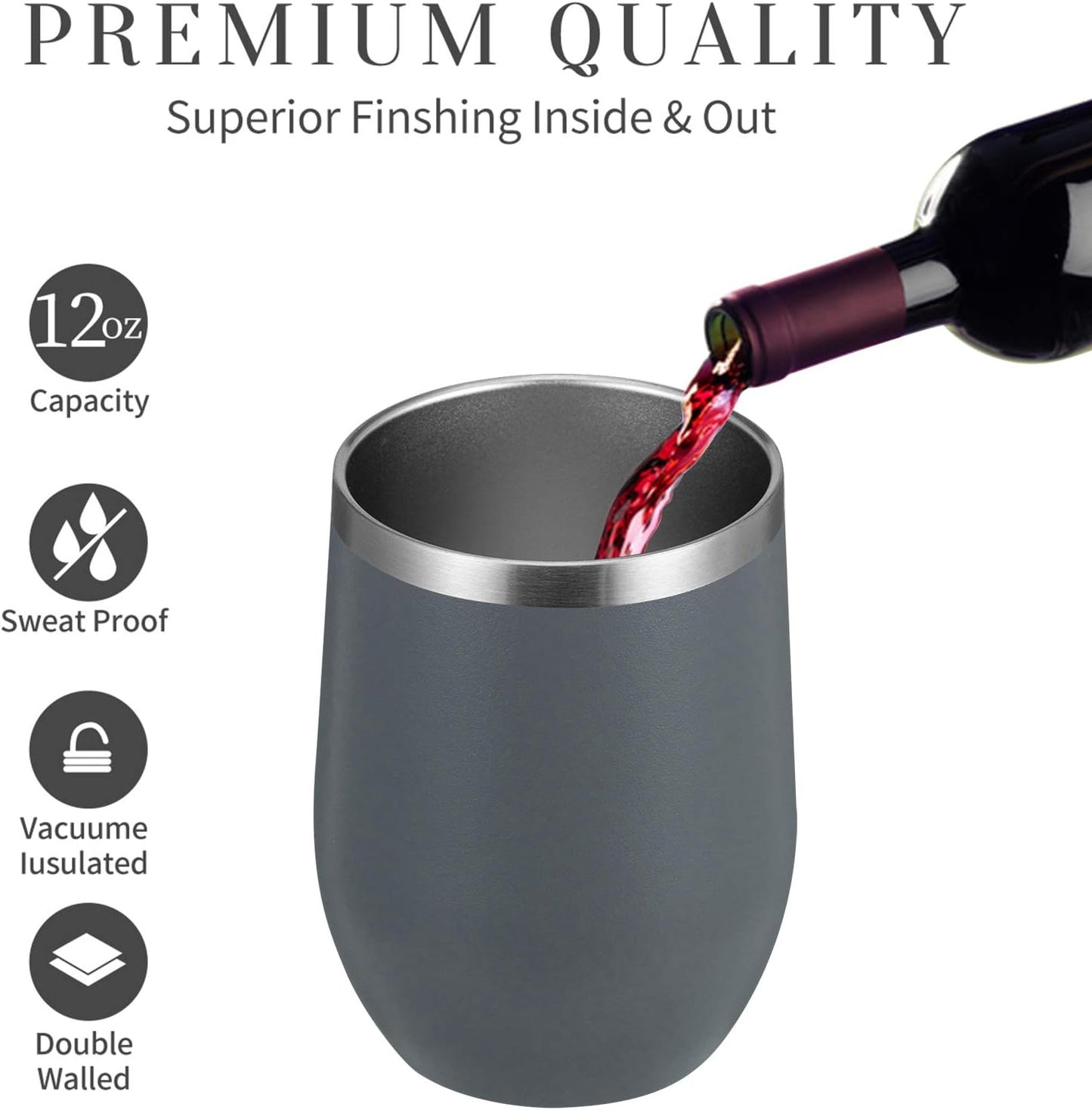 MEWAY 12oz Wine Tumbler 16 Pack Bulk Gifts for Women,Double Wall Vacuum Stainless Steel Travel Mug with Lid,Insulated Stemless Wine Cup Glass for Coffee,Cocktails,Drinks(Gray,Set of 16)