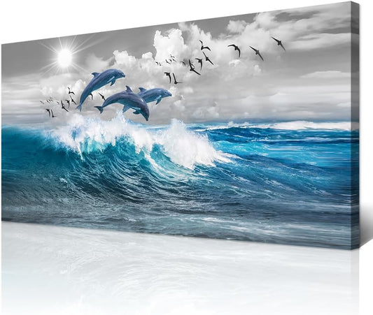 Wapluam Large Size Canvas Art - Blue Waves Of The Sea Wall Art For Living Room & Bedroom - Modern Office Decoration