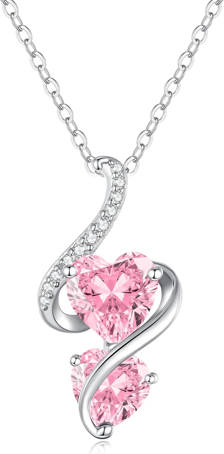 LOUISA SECRET Unique Double Heart Necklace Gifts for Wife Women, 925 Sterling Silver Tiny Birthstone Pendant Jewelry Gift for Her Girlfriend Mom Valentine's Day Anniversary Mother's Day Birthdays & Christmas