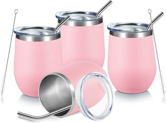 COMOOO Stainless Steel Wine Tumbler 4 Pack with Lid and Straw 12oz Double Wall Vacuum Insulated Travel Tumbler Cup Stemless for Hot and Cold Drinks,Coffee,Wine,Cocktails, Pink