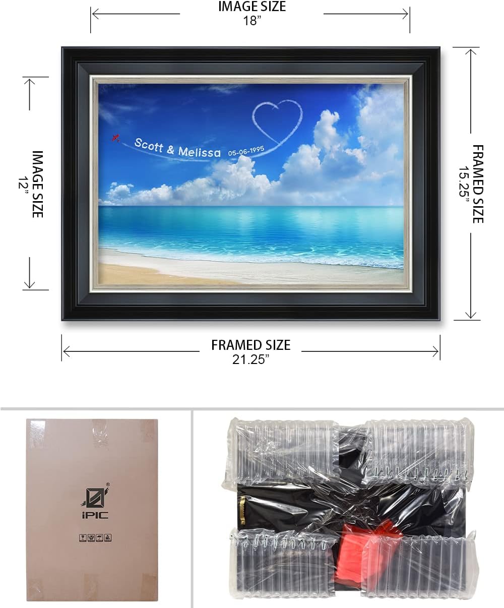 IPIC - Seaside Skywriting Personalized Framed Wall Art with Names and Date on, Giclee Prints with Solid Wood Frame, Customized Gift and Memorial Gifts for Wedding Anniversary.