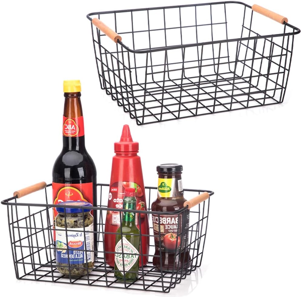 LeleCAT Wire Baskets with Wooden Handles Wire Storage Organizer Bin Baskets, Pantry, Closets, Bedrooms - Set of 2(Black)