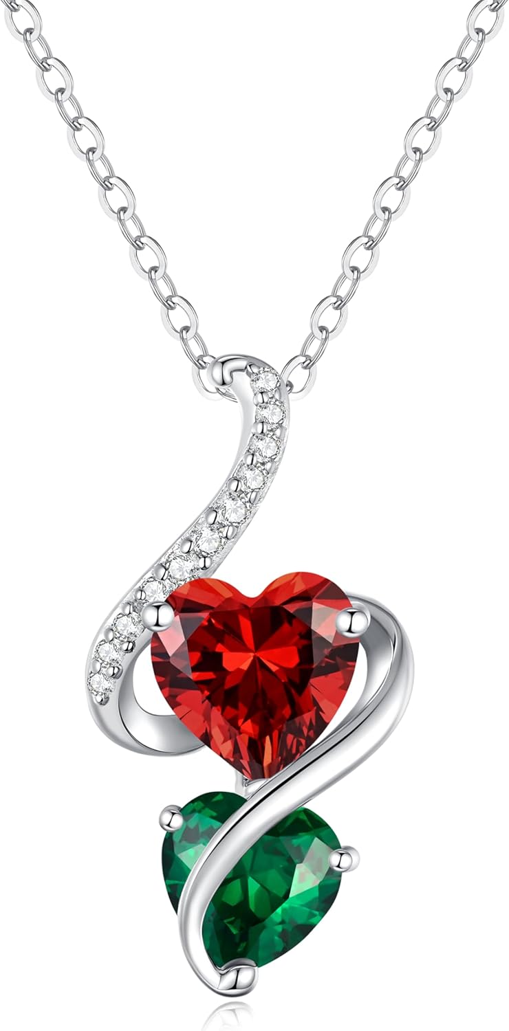 LOUISA SECRET Unique Double Heart Necklace Gifts for Wife Women, 925 Sterling Silver Tiny Birthstone Pendant Jewelry Gift for Her Girlfriend Mom Valentine's Day Anniversary Mother's Day Birthdays & Christmas