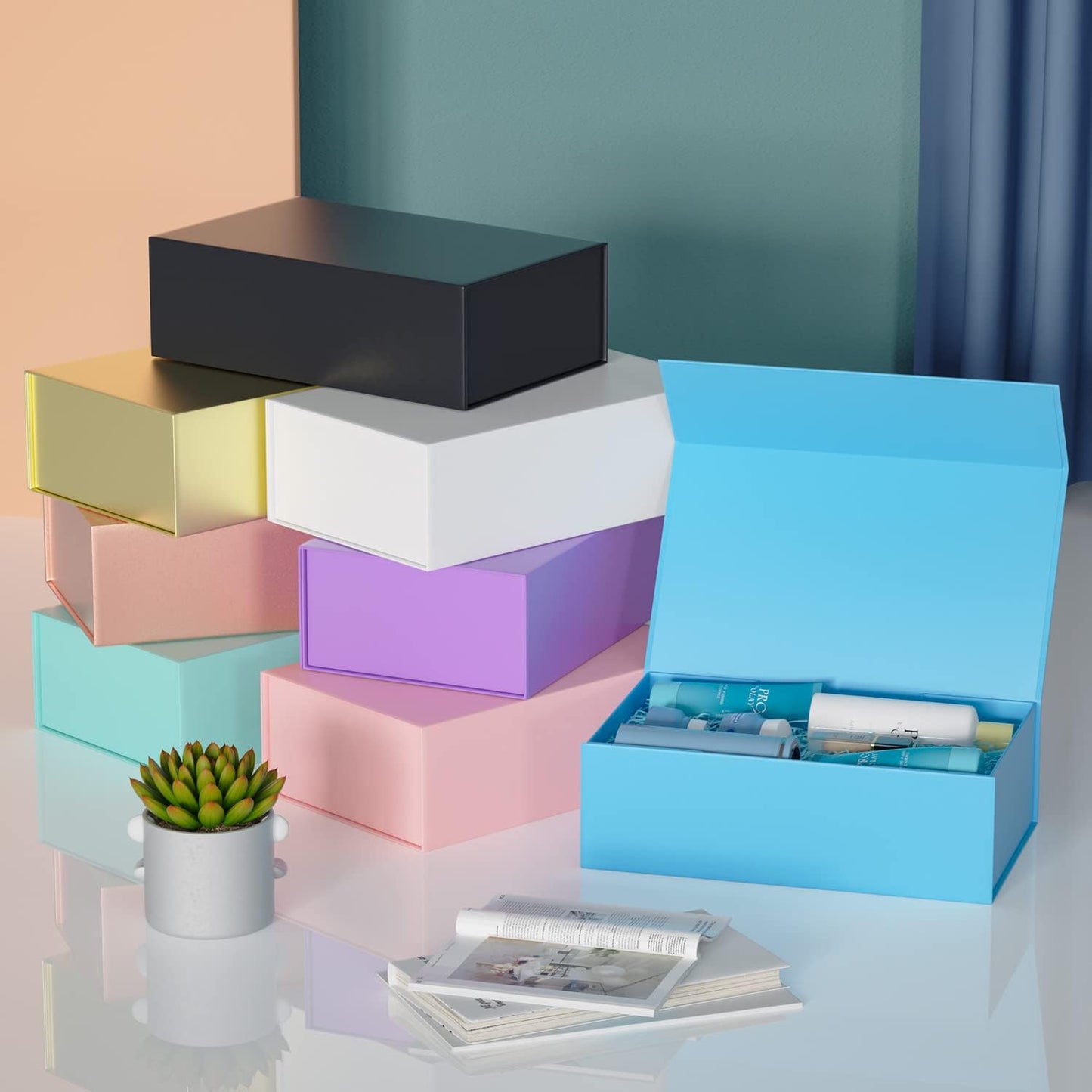 Blue Gift Box, 9.5x6x3'' Gift box for Presents with Lids Magnetic Closure Rectangle Collapsible for Bridesmaid Proposal Box, Wedding, Christmas, Halloween, Birthday Gift Packging