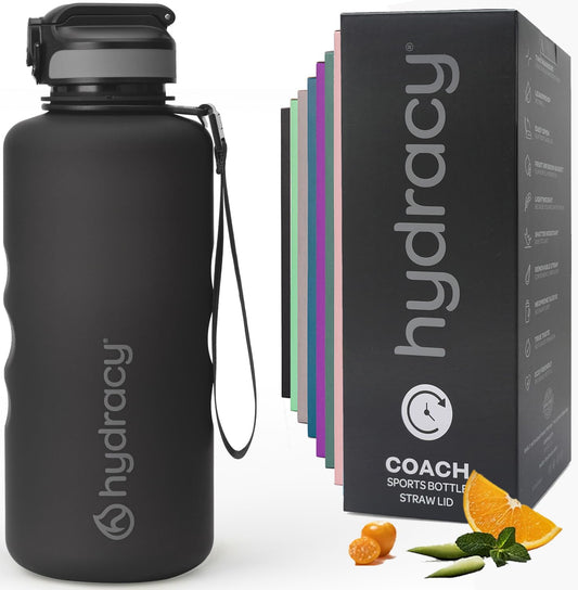 Hydracy Water Bottle with Time Marker -Large BPA Free Water Bottle & No Sweat Sleeve -Leak Proof Gym Bottle with Fruit Infuser Strainer & Times to Drink -Ideal for Fitness Sports & Outdoors