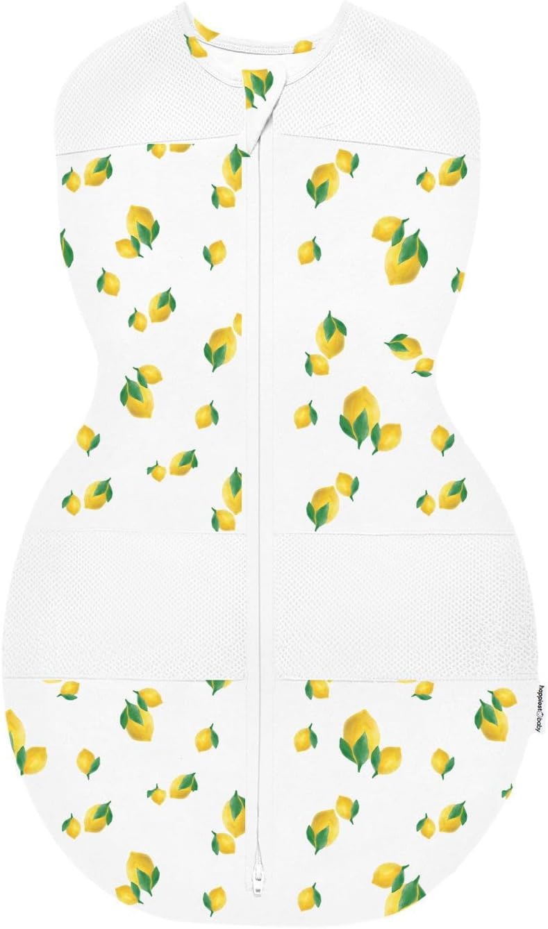 Happiest Baby Sleepea 5-Second Swaddle - Organic Cotton Baby Swaddle Blanket - Doctor Designed Promotes Healthy Hip Development (Ivory Lemons, Medium)