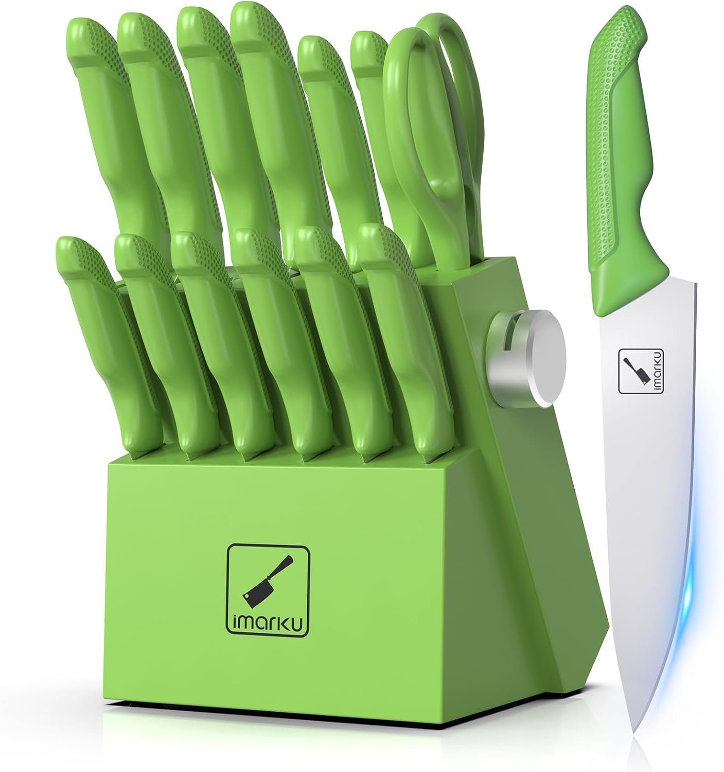 imarku Knife Set with Block, Sharp Knife Set with Built-in Sharpener, Japanese Stainless Steel Kitchen Knife Set with Non-Slip Ergonomic Handle, Dishwasher Safe, Best Holiday Gifts, 14 PCS, Teal Green