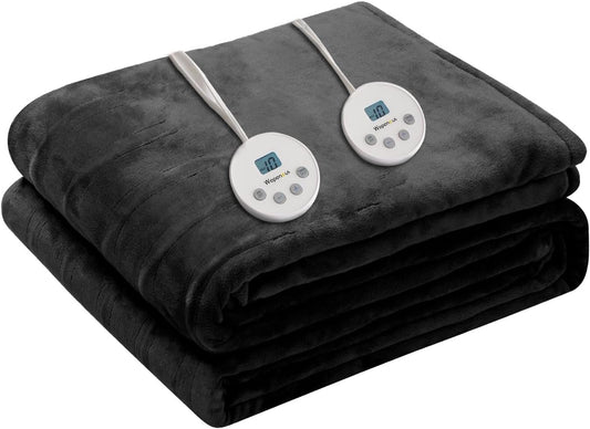 Wapaneus Heated Blanket Electric Queen Size 84"x90"-Dual Control with 10 Heat Levels 12 Timer Settings and 8 Hours Auto-Shut Off,Fast-Heating Electric Blanket,ETL Listed Machine Washable,Black