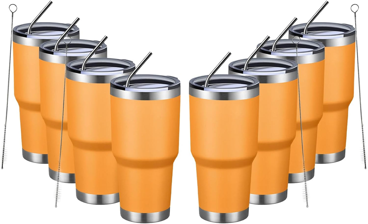 MEWAY 30oz Insulated Tumbler With Lids and Straws,Stainless Steel Double Vacuum Coffee Tumbler Cup, Brush, Durable Powder Coated Coffee Cup for Cold & Hot Drinks, Office, Travel(Orange,8 PACK)