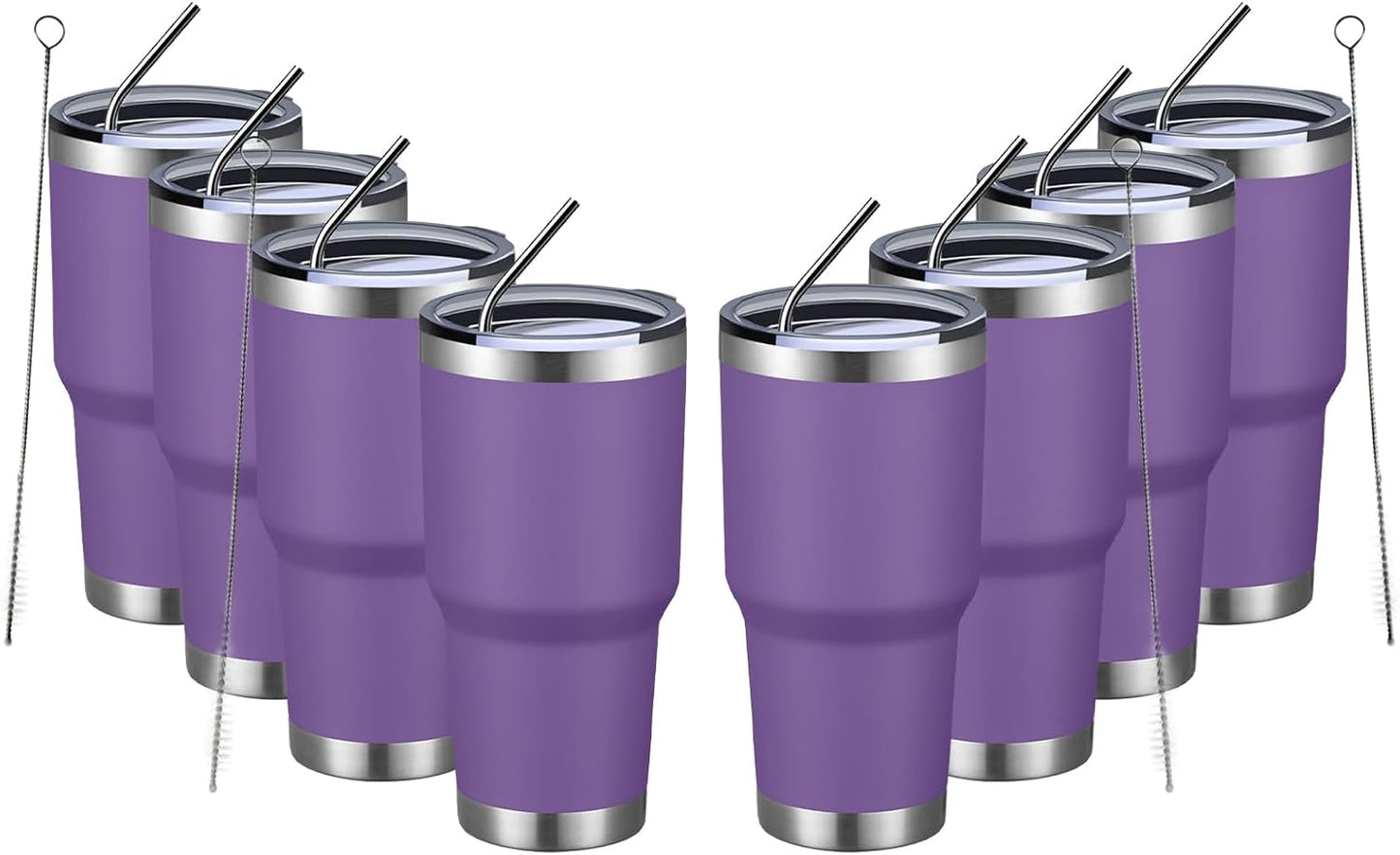 MEWAY 30oz Insulated Tumbler With Lids and Straws,Stainless Steel Double Vacuum Coffee Tumbler Cup, Brush, Durable Powder Coated Coffee Cup for Cold & Hot Drinks, Office, Travel(Purple,8 PACK)